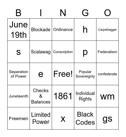 Sample Civil War Bingo Card
