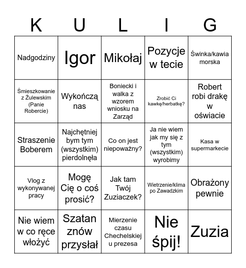 Kulig Bingo Card