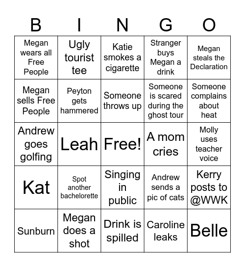 Bachelorette Bingo Card