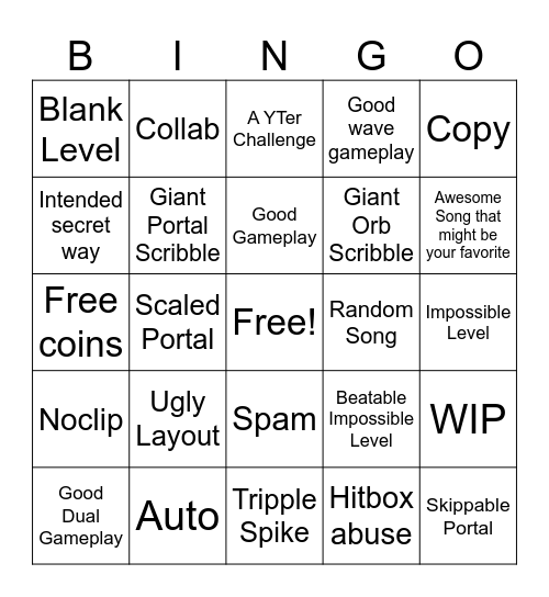 Recent Tab Bingo (Geometry Dash) Bingo Card