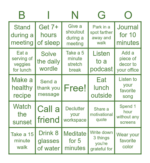 TLG Wellness Bingo Card