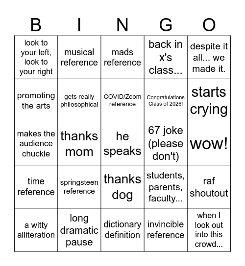 Chris Valedictorian Bingo Card