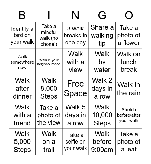Wellness Walking Bingo! Bingo Card