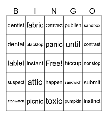 closed syllable, 2 syllable words Bingo Card