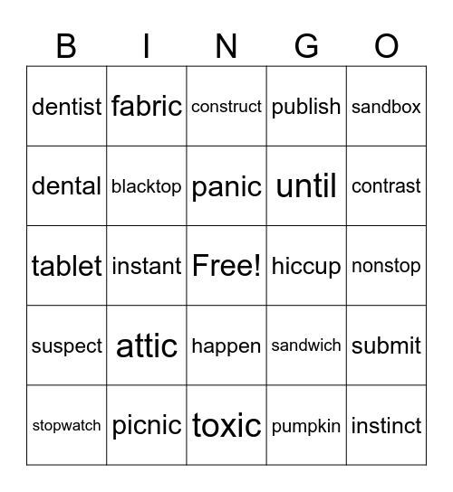closed syllable, 2 syllable words Bingo Card