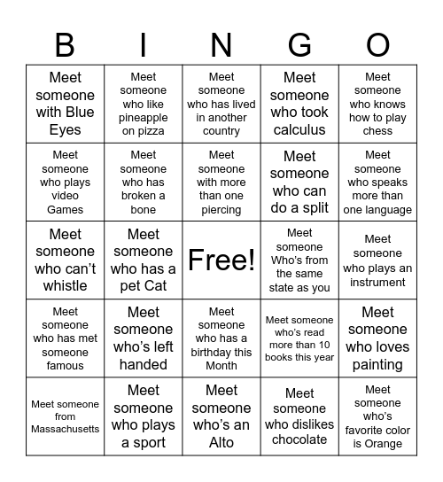 Ice breaker Bingo Card