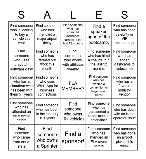 FLA SALES BOOTCAMP 2026 Bingo Card