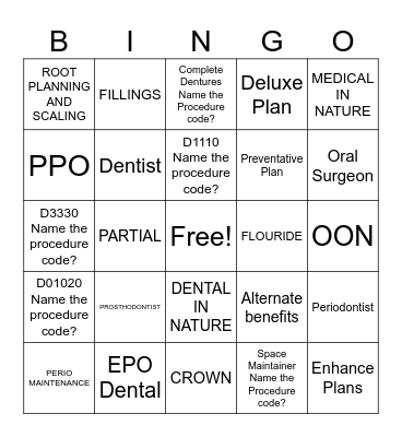 Dental Bingo Card