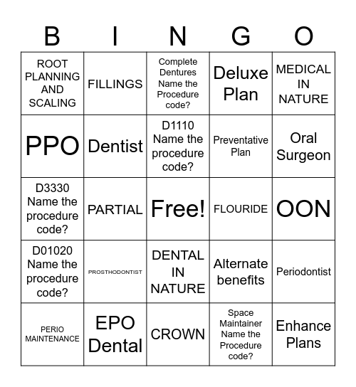 Dental Bingo Card