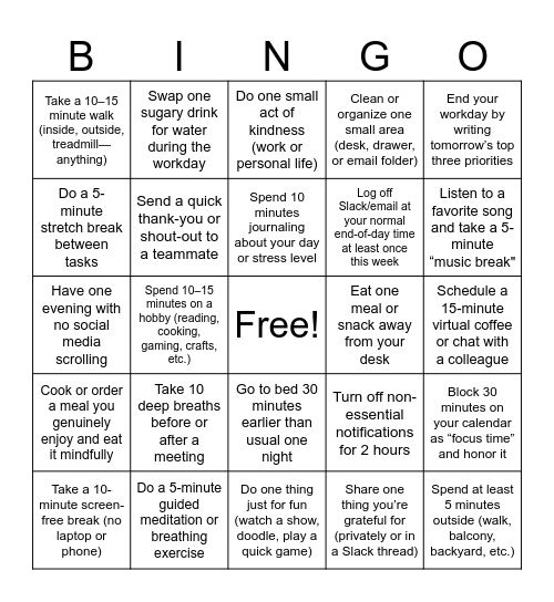 Self Care Bingo Card