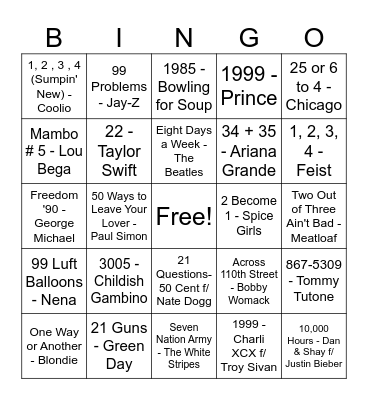 Songs with Numbers Bingo Card