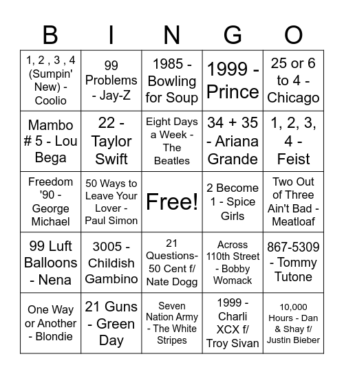 Songs with Numbers Bingo Card