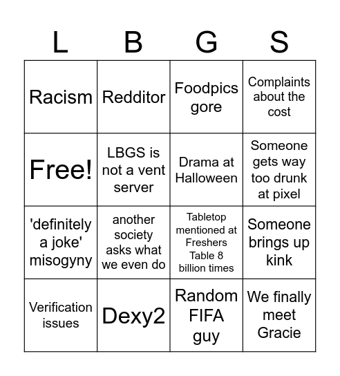 Freshers Bingo Card