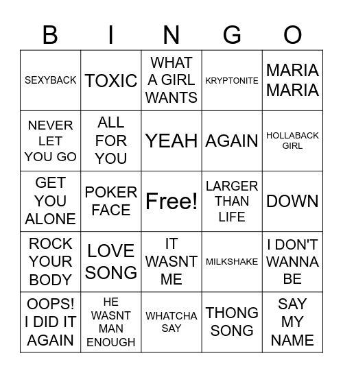 POP HITS - 2000'S Bingo Card