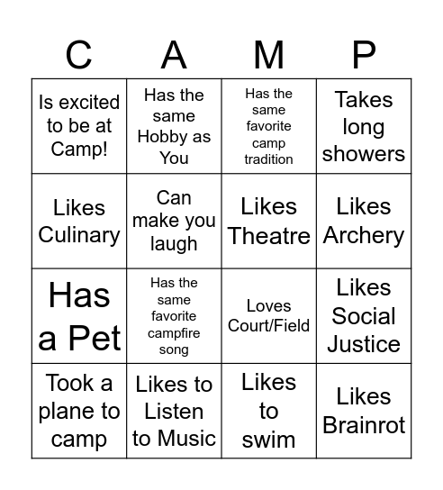 Find Someone Who.... Camp Bingo Card