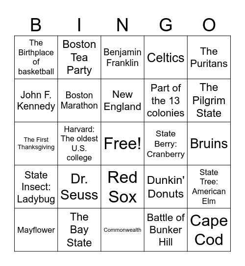 Massachusetts Bingo Card