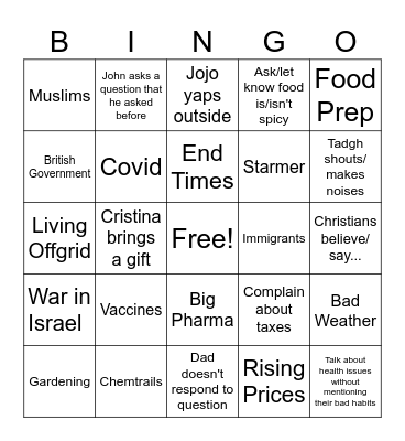 Sabbath Bingo Card