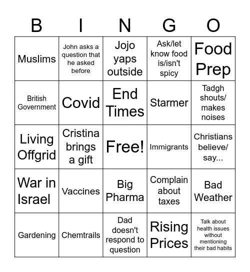 Sabbath Bingo Card