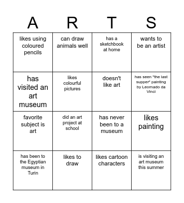 Art History Club Meet & Greet Bingo Card