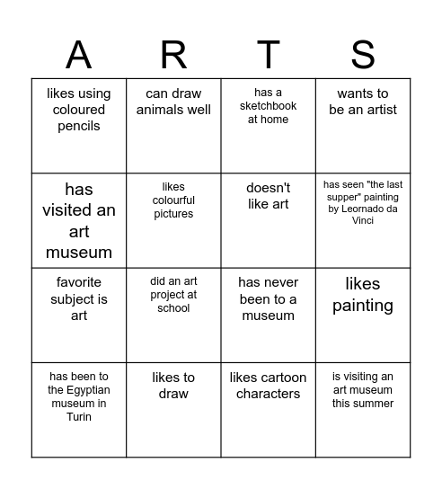 Art History Club Meet & Greet Bingo Card