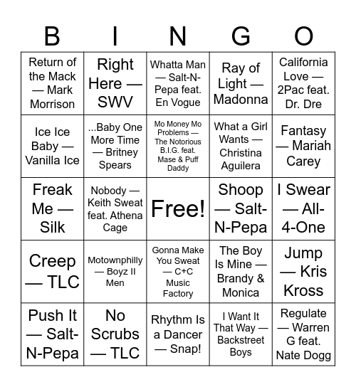 90's Throwbacks Bingo Card