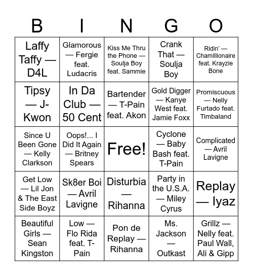2000's Throwbacks Bingo Card