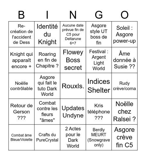 Bingo Deltarune Chapitre 5 Bingo Card