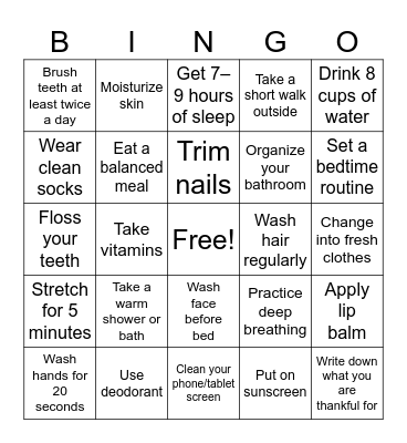 Personal Hygiene Bingo Card