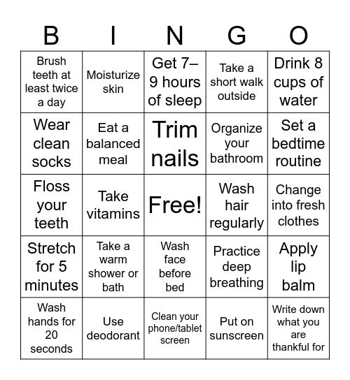 Personal Hygiene Bingo Card
