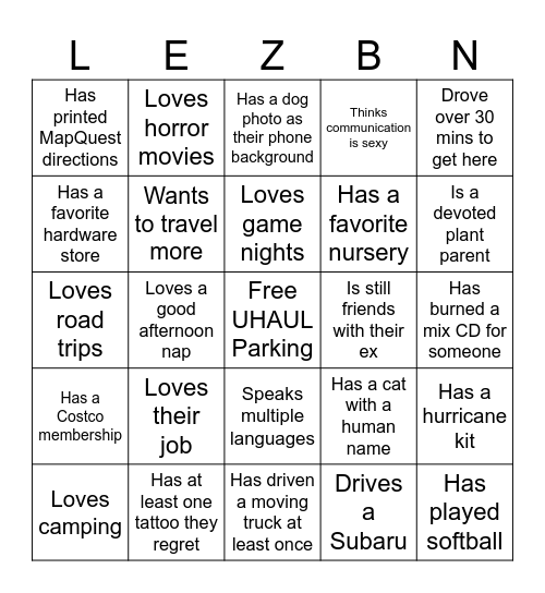Lesbians Of Houston Single & Mingle Bingo Card