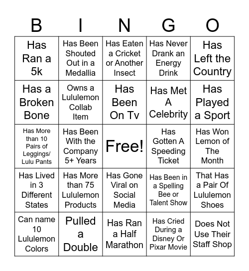 LULULEMON Bingo Card