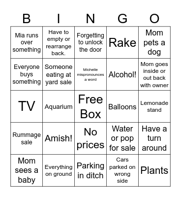 Chelle Yard sale Bingo Card