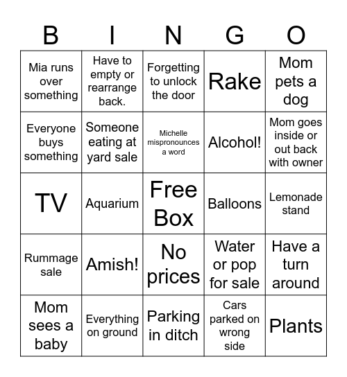 Chelle Yard sale Bingo Card