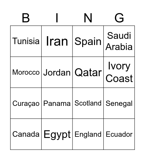 World Cup BINGO Card
