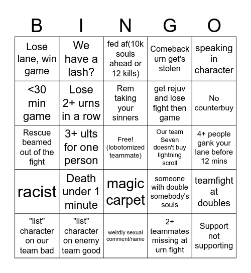Deadlock Bingo Card