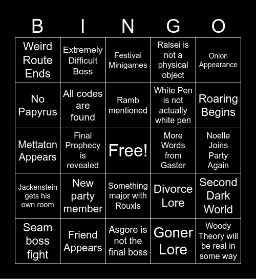 Deltarune Chapter 5 Predictions Bingo Card