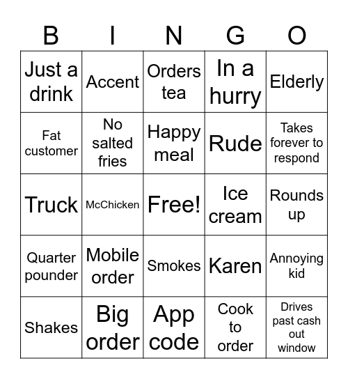 Drive through Bingo Card