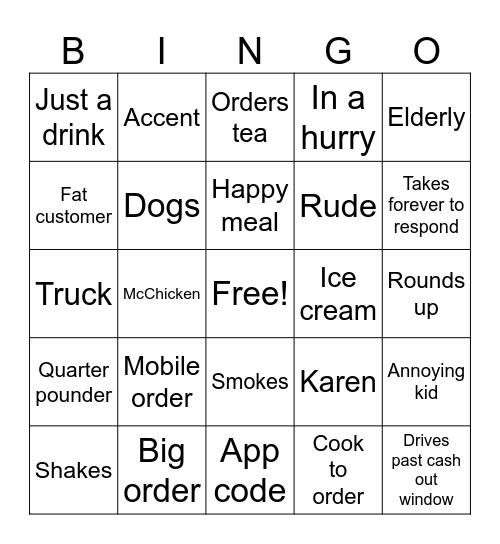 Drive through Bingo Card