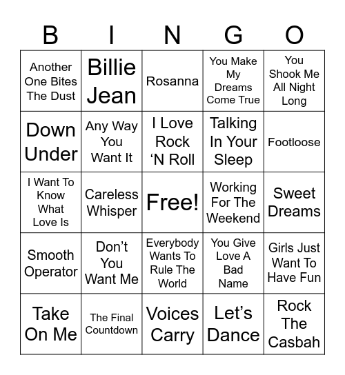 The 80s Bingo Card