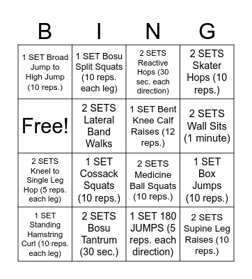 JP Lower Body Bingo Card