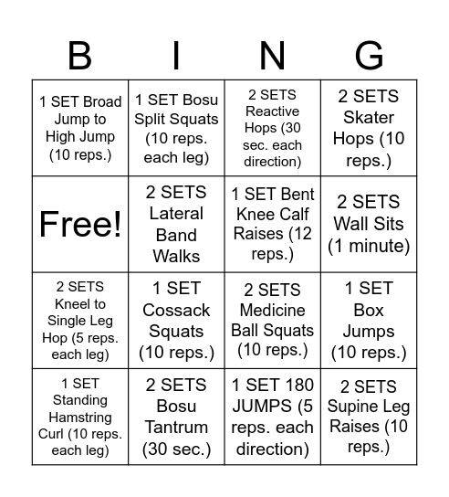 JP Lower Body Bingo Card