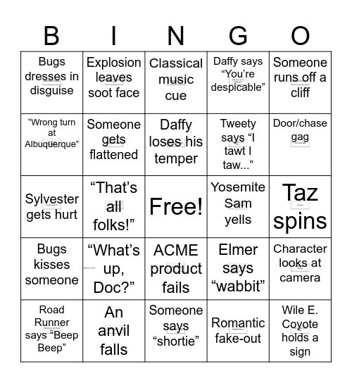 Looney Tunes Bingo Date Night Bingo Card