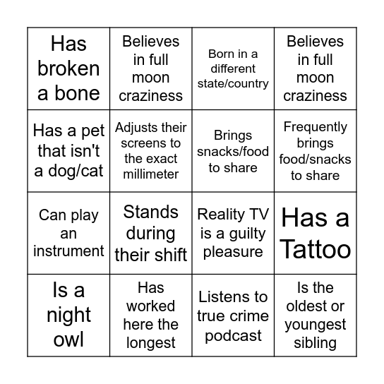 Get to know your Co-Workers Bingo Card