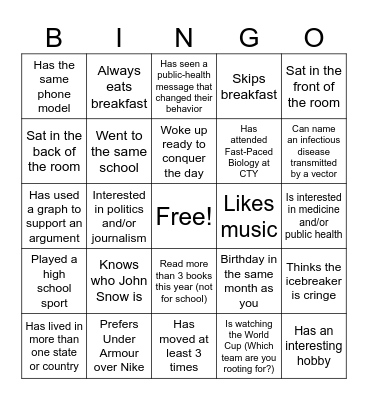 Epidemiology Icebreaker Bingo Card