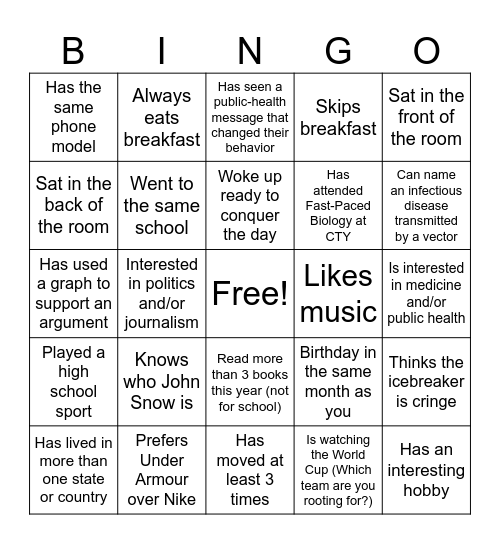 Epidemiology Icebreaker Bingo Card