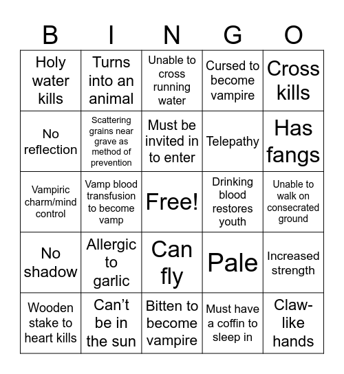 Vampire Lore Bingo Card