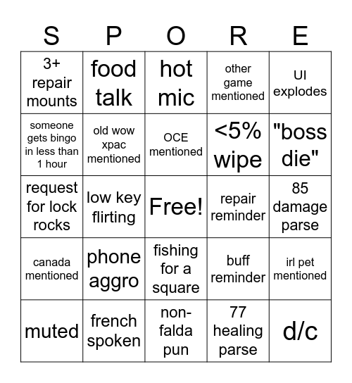 sporego Bingo Card