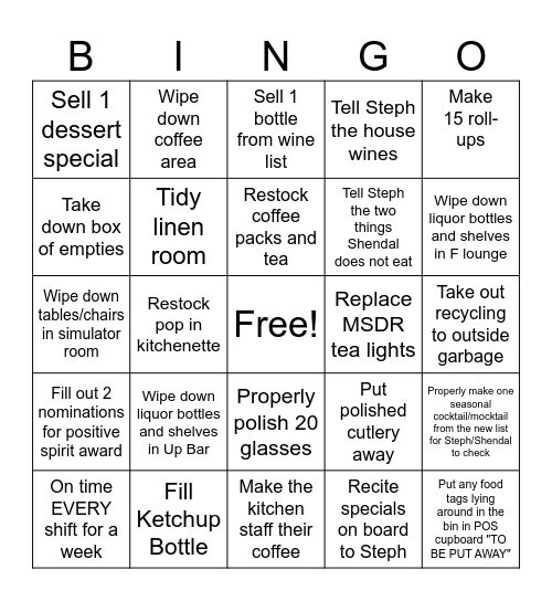FRONT OF HOUSE CONTEST Bingo Card