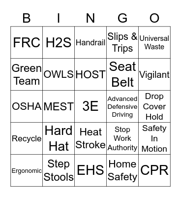 Land Safety Bingo Card
