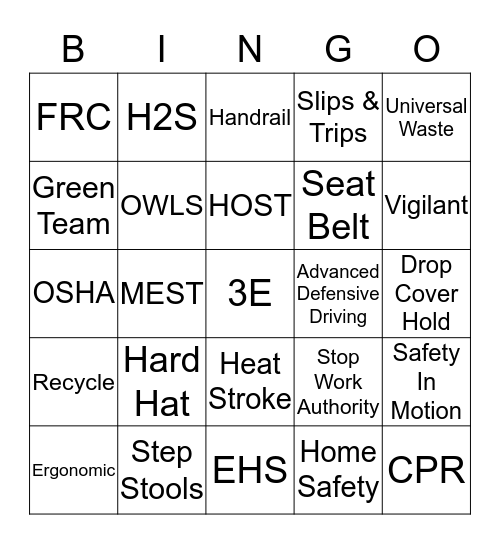 Land Safety Bingo Card